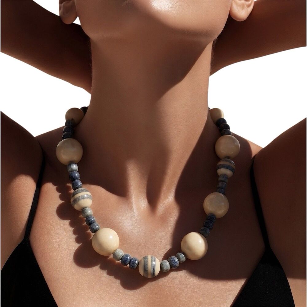 Handcrafted Chunky Ceramic Beaded Necklace – Blue & Cream Statement Jewelry - Picture 10 of 14